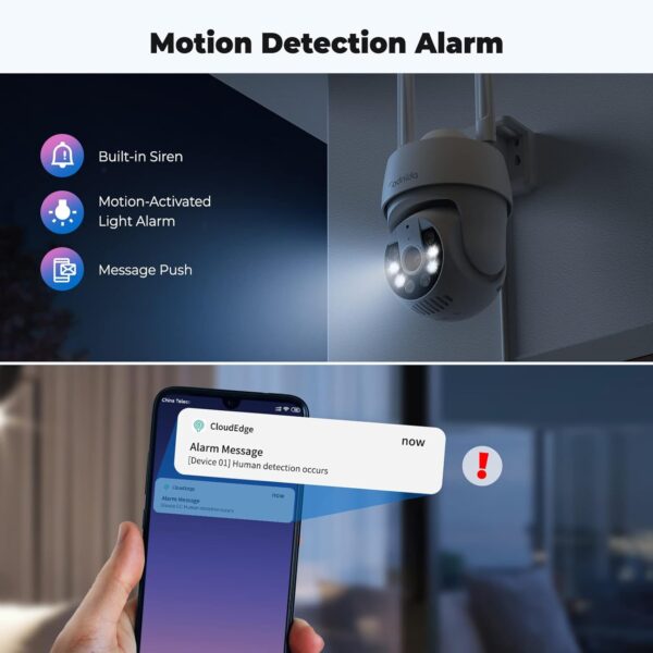 Codnida 2K Camara Vigilancia WiFi Exterior, Camaras Vigilancia Domicilio 2.4Ghz WiFi PTZ 360° Vista con Visión Nocturna en Color,24/7 Grabación Continua,Seguimiento Automático,Alarma de Luz y Sonido, - Image 3