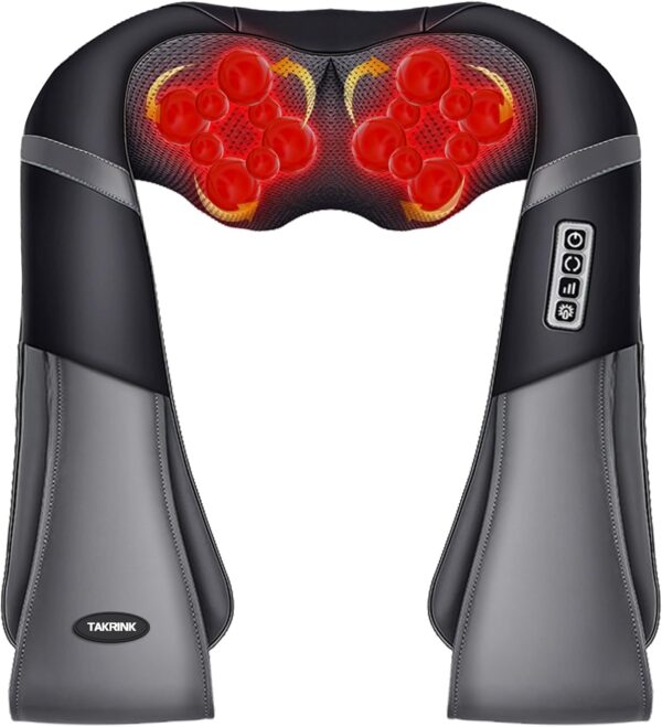TAKRINK Masajeador Shiatsu 16 Cabezales de Masaje Integrados Masajeador de Hombros Cuello 3 Niveles de Velocidad Dirección Ajustable Relajación con Calor en Oficina Casa