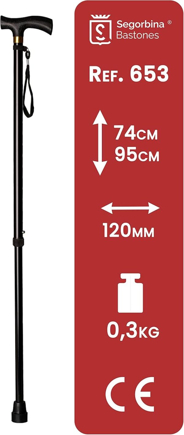 Bastón para Personas Mayores Extensible de Aluminio - Bastones para Mayores y Ancianos para Caminar - Regalos para Hombres y Mujeres Mayores Regulable en Altura a 74-95cm - Bastón de Color Negro - Image 3