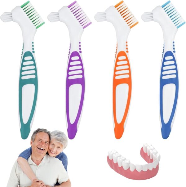 Cepillo Dentaduras Postizas, 4 unidades Cepillo de Dientes para Dentaduras,Postizas con Cabeza de Doble Cerda,Cepillos de Limpieza de Dentaduras,Cepillo para Dentaduras Postizas
