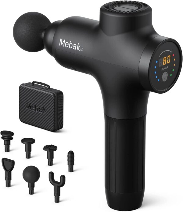 Mebak 3 Pistola de Masaje Muscular Profesional Massage Gun Masajeadora Eléctrico Percusión Tejido Profundo Atleta Alivio del Dolor Corporal Silenciosa Pantalla LCD 7 Cabeza 5 Velocida Amplitud 12mm