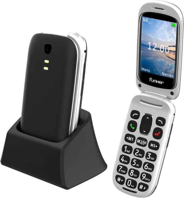 Funker E100 MAX Audio - Teléfono Móvil para Personas Mayores con Sistema Audio Pro, Amplificador y Compatible con Audífonos, Pantalla HD 2.8 Pulgadas y Botón SOS, Fácil de Usar para Ancianos (Negro)