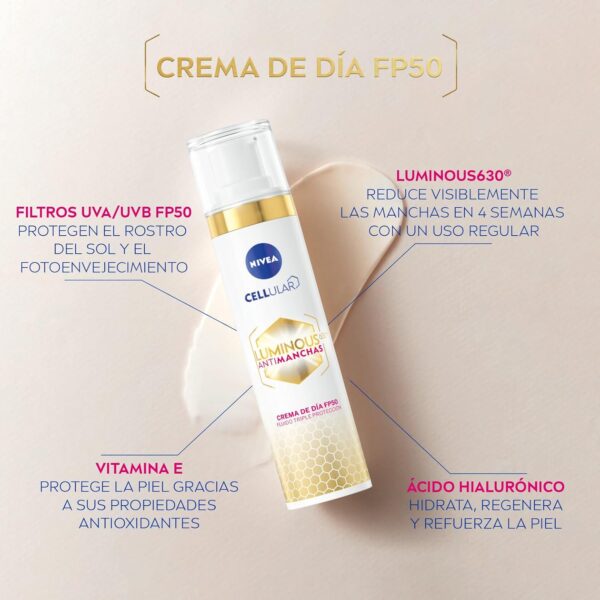 NIVEA Cellular LUMINOUS 630 Antimanchas Crema de Día FP50 Fluido Triple Protección (1 x 40 ml), cuidado facial con ácido hialurónico - Image 8