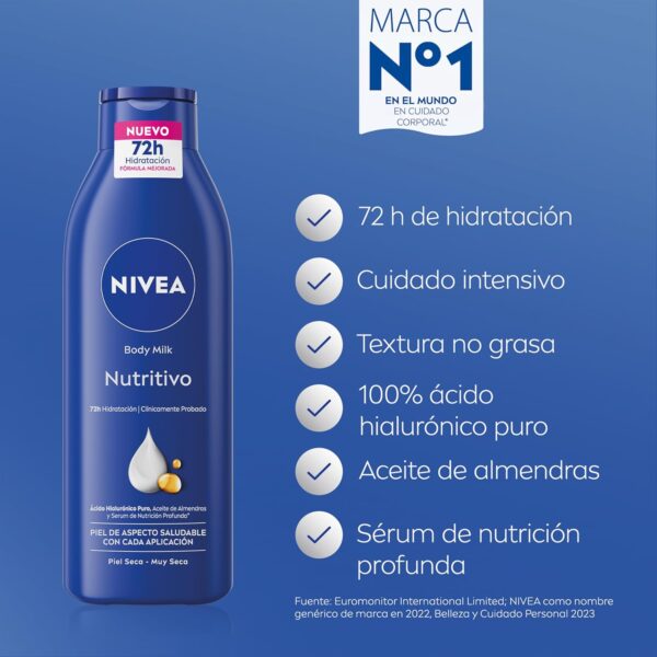 NIVEA Body Milk Nutritivo (1 x 250 ml), leche corporal que hidrata durante 72 h, crema hidratante corporal con aceite de almendras y ácido hialurónico, para piel seca - Image 2