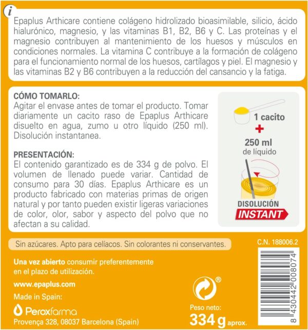 EPAPLUS Arthicare, Colágeno Hidrolizado con Silicio y Ácido Hialurónico, Disolución Instant Sabor Limón, Tratamiento 30 Días - Image 6