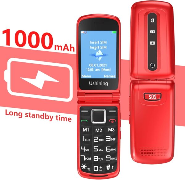 uleway Teléfono Móvil con Tapa para Mayores, Senior Móvil de Teclas Grandes, Pantalla de 2,4 Pulgadas, Botón SOS, Linterna, Cámara, Cuna de Carga, Fácil de Usar para Ancianos (Rojo) - Image 4