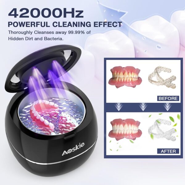 Aoskie Limpiador Ultrasonidos Dental 42kHz/30W para Dentaduras Postizas, Alineadores, Protectores Bucales, Joyas, Cabezales de Cepillos de Dientes, 180ML Ultrasonic Cleaner para Aparatos Dentales - Image 3