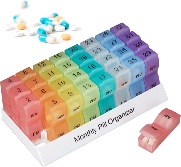 Relaxdays Pastillero Mensual, Organizador Pastillas 31 Días, Plástico sin BPA, Dosificador Medicamentos, Multicolor