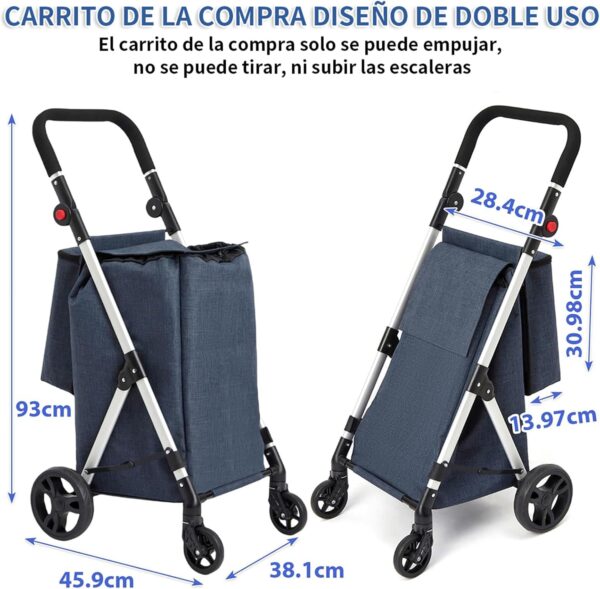 LEUYA ABC Carros de Compra, con Bolsillo para Congelados, 46L Carro de la Compra de 4 Ruedas, Carrito Compra Plegable de Aluminio (Azul) - Image 5