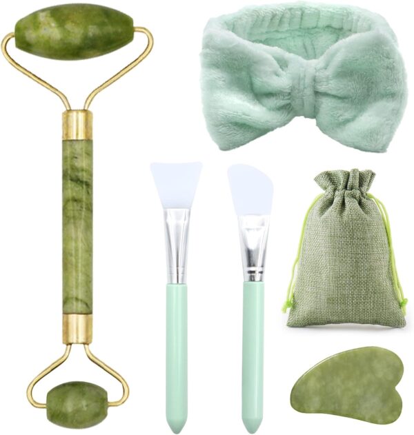 VEGCOO 6 en 1 Gua Sha Facial Rodillo de Jade, Rodillo Masaje Facial+ Guasha Facial Piedra+ Diadema+Cepillo de Mascarilla de Silicona+Bolsa, Rodillo Masaje Facial para Mujer, Aliviar las Arrugas