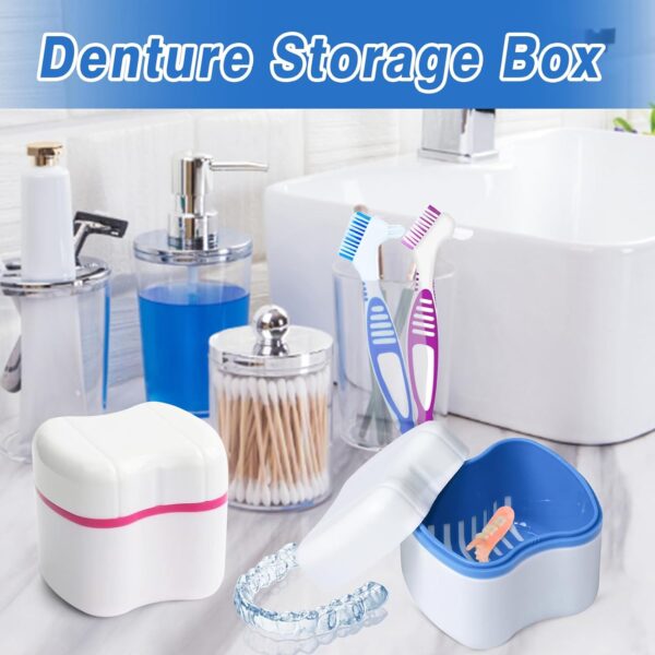 2 Recipiente Para Dentaduras Postizas, Dentaduras Postizas Caja De Almacenamiento Kit De Limpieza De Dentaduras Postizas Caja Aparato Dental Con Filtrar, Con 2 Cepillos De Limpieza - Image 4