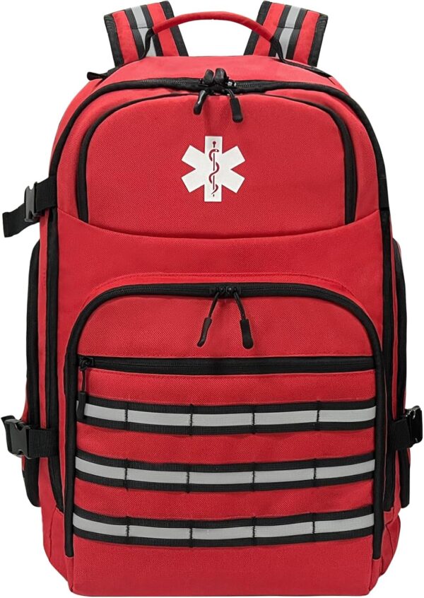 Lyirfan Mochila de primeros auxilios, mochila médica vacía de emergencia, con tira reflectante para camping, senderismo, guardería al aire libre, color rojo (solo bolsa)