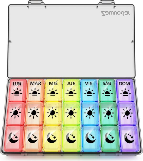 Pastillero Semanal 3 Tomas Español 7 Dias individual - Una caja a la vez - Zawuodar Grande Organizador Medicamentos con 21 Compartimentos (Multicolor-)