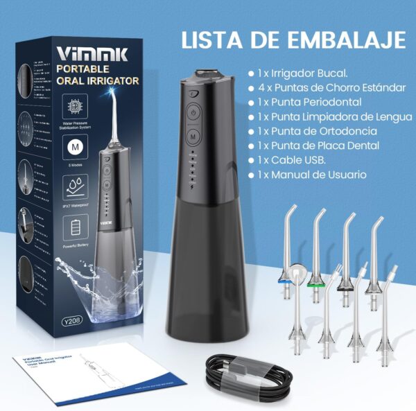 Irrigador Bucal Portatil, Vimmk Irrigador Dental Inalámbrico Profesional 8 Boquillas 5 Modos, IPX7 Impermeable 300ML USB-C Recargable Para Limpieza Dientes, Para el Hogar y los Viajes (Negro) - Image 8