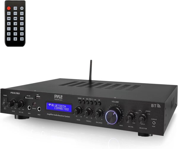 Pyle Amplificador Receptor, Montaje en Rack de 5 Canales, Cine en casa, Transmision inalambrica Bluetooth, Radio MP3/USB/SD/AUX/FM, 200V, Pantalla LCD Digital ID3