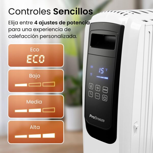 Pro Breeze Radiador de Aceite de 2500 W, 4 Niveles de Potencia, Temporizador, Termostato, Portátil con Ruedas, Calentador Eléctrico de 10 Aletas, Pantalla Digital y Mando a Distancia - Image 5
