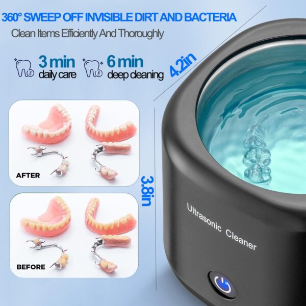 Limpiador Ultrasonidos Dental Limpieza, 43000Hz Limpiador de Dientes Máquina limpiadora ultrasónica Para Dentaduras Postizas, Alineadores, Retenedores, Cabezas de Cepillos de Dientes (Black) - Image 3