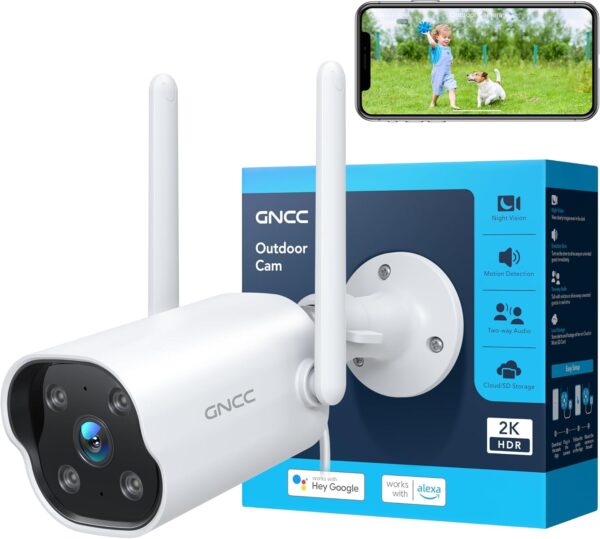 GNCC Camara Vigilancia WiFi Exterior 2K Camaras Vigilancia Domicilio WiFi con Visión Nocturna, Alarma Detección Movimiento, Grabación 24/7, Audio Bidireccional, IP65 Resistente al Agua, 2.4G, GT1Pro