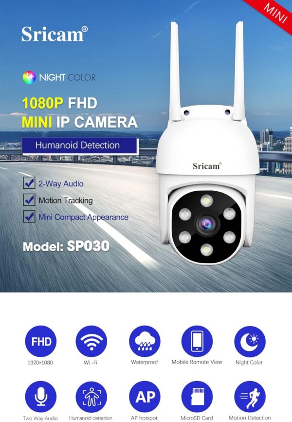 Sricam 1080P WiFi Surveillance PTZ IP Camera, detección humanoide y Seguimiento de Movimiento, visión Nocturna, IP66 Resistente al Agua, 2Way Audio (1 Unidades Paquete) - Image 4