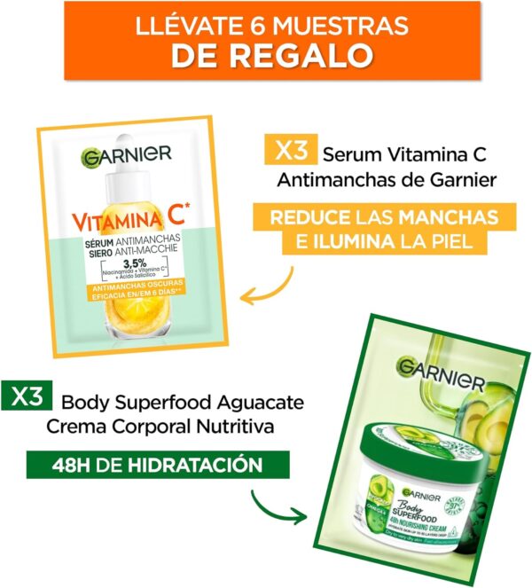 Garnier Vitamina C Pack rutina Antimanchas, Crema Fluida UV Diaria Iluminadora FPS50+ 40 ml, Garnier Sérum Anti Manchas con Vitamina C y Niacinamida 30 ml, Muestras Regalo - Image 8