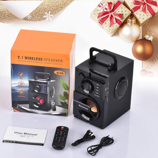 TOMPROAD Altavoz Bluetooth, portátil, caja Bluetooth con subwoofer, inalámbrico, sonido estéreo rico, altavoz para fiestas, radio FM, mando a distancia, luces LED (negro) - Image 7