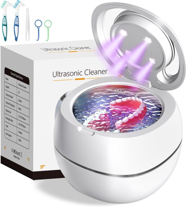 Limpiador Ultrasónico UV, 42000HZ Limpiador Ultrasonidos Dental 180ml para Dentaduras Postizas, Alineadores, Retenedores, Cabezas de Cepillos de Dientes, 30W Limpieza Ultrasónico Eficiente de 360°