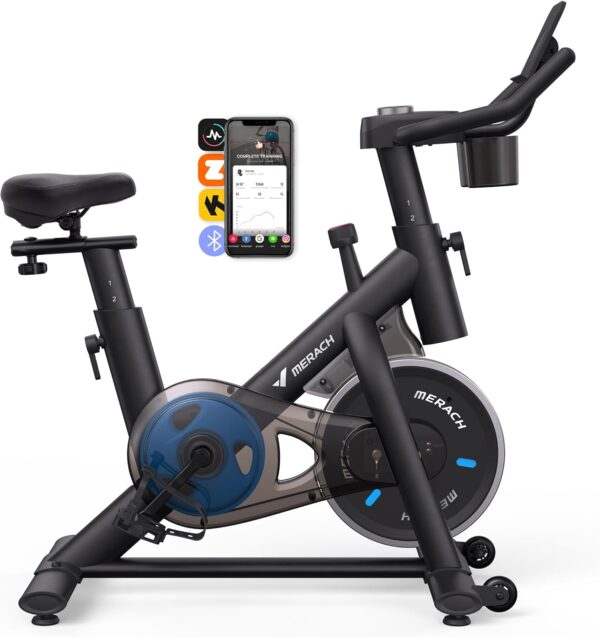 MERACH Bicicleta Estática en Casa, Bicicleta Spinning con Monitor LED, Transmisión Silenciosa por Cinturón y Cómodo Cojín de Asiento, App Propia, Capacidad de 122 kg, Entrenamiento Aeróbico
