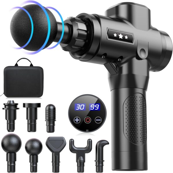 Pistola de Masaje Muscular, Eléctrica Masajeadora de Músculos de Tejido Profundo con 30 Velocidades, 8 Cabezales de Masaje, Ultra Silenciosos y Pantalla Táctil LCD, Massage Gun para Relajarse (Negro)