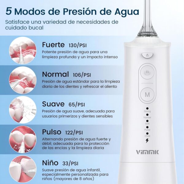 Irrigador Bucal Portatil, Vimmk Irrigador Dental Inalámbrico Profesional 8 Boquillas 5 Modos, IPX7 Impermeable 300ML USB-C Recargable Para Limpieza Dientes, Para el Hogar y los Viajes (Blanco) - Image 3