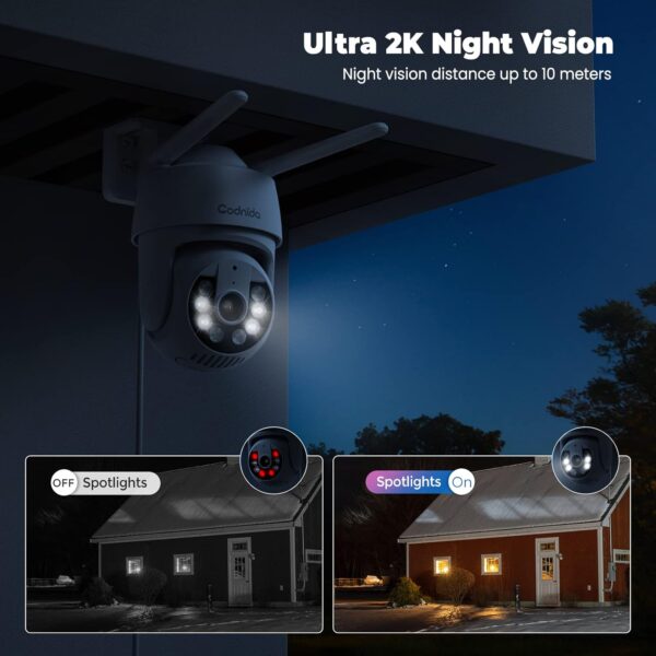 Codnida 2K Camara Vigilancia WiFi Exterior, Camaras Vigilancia Domicilio 2.4Ghz WiFi PTZ 360° Vista con Visión Nocturna en Color,24/7 Grabación Continua,Seguimiento Automático,Alarma de Luz y Sonido, - Image 2