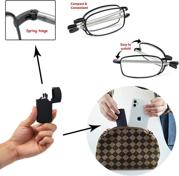 Hubeye Gafas de lectura plegables de metal con bisagras de resorte y patillas telescópicas Anteojos de lectura anti luz azul con estuche de bolsillo portátil 1.50 - Image 4