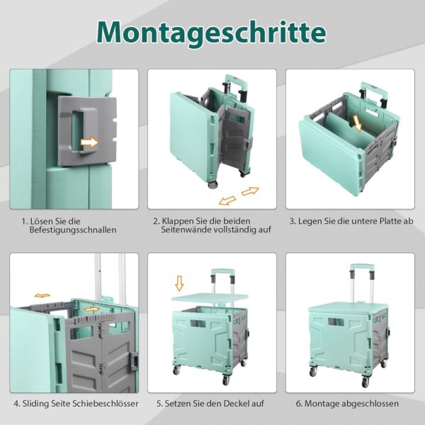 Carro de la compra plegable, carrito de transporte, hasta 50 kg, caja de 50 l, cesta de la compra con tapa, mango extensible de aluminio, 4 ruedas de goma giratorias 360°, 100x41x35 cm, verde y gris - Image 6