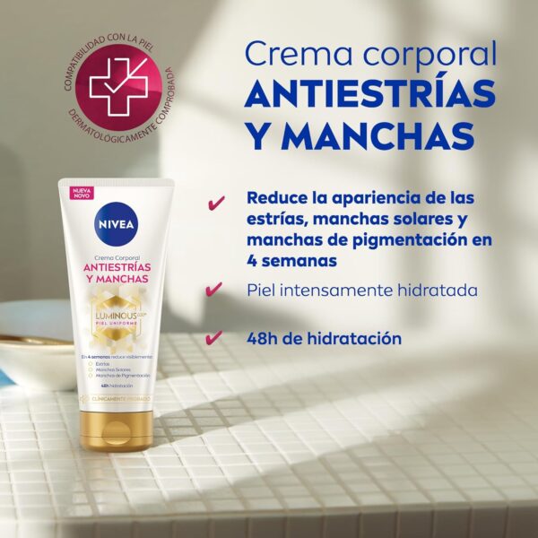 NIVEA Luminous 630 Crema corporal antiestrías y manchas (1 x 200 ml), crema Nivea antiestrías para un tono de piel uniforme, crema hidratante corporal con 48 h de hidratación. - Image 2