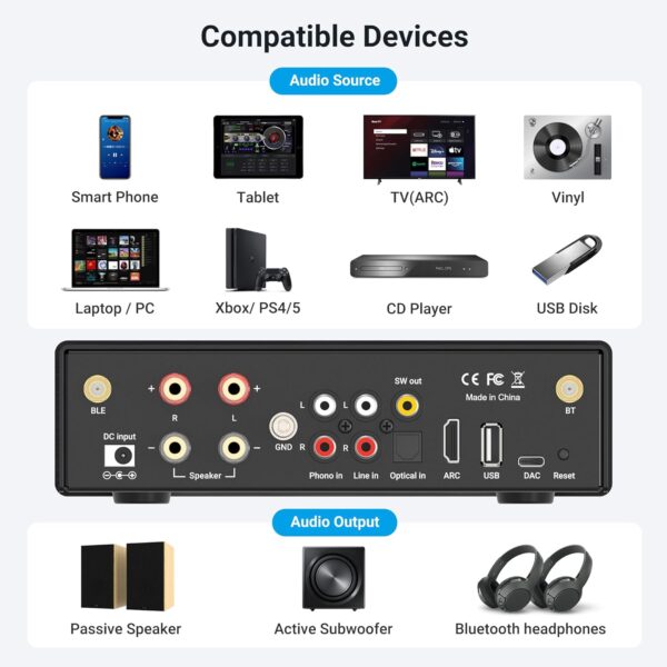 Arylic B50 Bluetooth aptX HD Amplificador Estéreo con Transmisor de Audio, Amplificador de 2 Canales 50W*2 con HDMI ARC, Phono in y App Gratuita GO Control. - Image 3