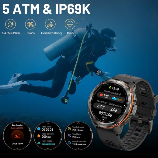 KOSPET Tank T3 Ultra Reloj Inteligente Hombre GPS, 480 mAh de Batería, 50m Impermeable, Cuerpo de Acero Inoxidable, Resistente Smartwatch Redondo con Brújula & Llamadas Bluetooth, 1.43" AMOLED Display - Image 5