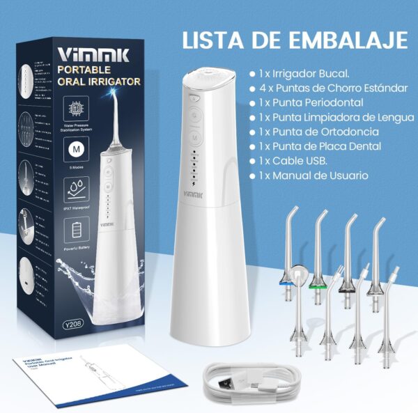 Irrigador Bucal Portatil, Vimmk Irrigador Dental Inalámbrico Profesional 8 Boquillas 5 Modos, IPX7 Impermeable 300ML USB-C Recargable Para Limpieza Dientes, Para el Hogar y los Viajes (Blanco) - Image 8