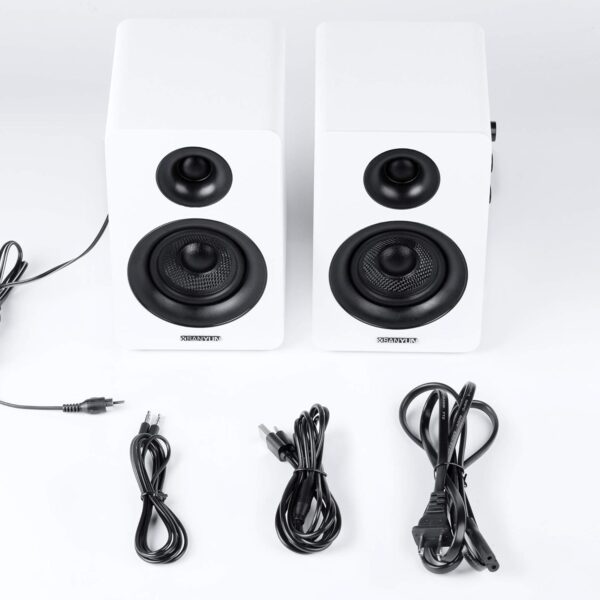 Sanyun SW208 Altavoces de estantería activos Bluetooth 5.0 de 3 "- Unidad de altavoz de fibra de carbono de 60W - DAC integrado de 24bits - Altavoces para juegos de monitor de computadora(par, blanco) - Image 7