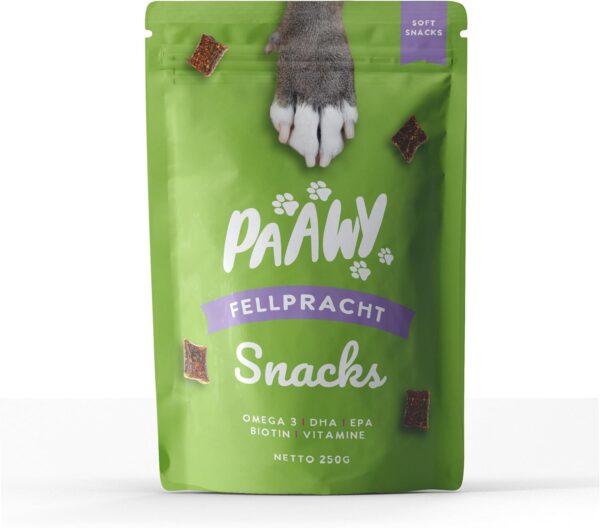 Paawy Resplandor del Pelaje Snacks - Apoya la Piel y el Pelaje de tu Perro - Suplemento alimenticio con Omega3, Biotina y Zinc para el Pelaje - También para picazón, pérdida de Pelo y alergias