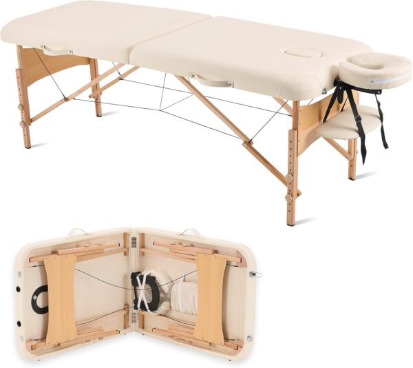 YOUNIKE Camilla de Masaje Plegable de 2 Zonas, Mesa de Masaje Altura Ajustale, Camilla de Terapia Profesional Cama de Tatuaje de Madera Portátil, con Funda de Transporte, 70 cm de Ancho, Crema