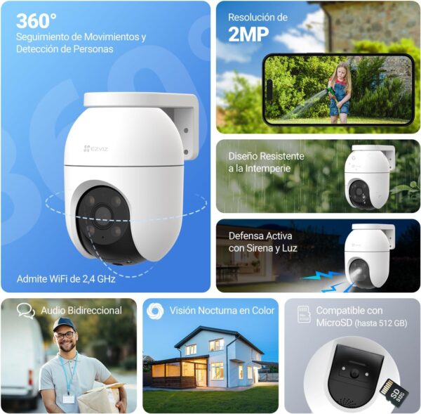 EZVIZ Cámara Vigilancia WiFi Exterior 360°,1080P Cámara IP de Seguridad,Visión Nocturna a Color,Detección IA de Personas,Seguimiento Zoom Auto,Audio Bidireccional,Sirena, Alexa/Google,C8c 2MP - Image 2
