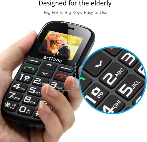 artfone CS182 Teléfono Móvil para Personas Mayores Teclas Grandespara Mayores, 2G gsm con SOS Botón, 1.77 Pulgadas, con una Base de Carga, Fácil de Usar para Ancianos, Cámara, Negro - Image 6