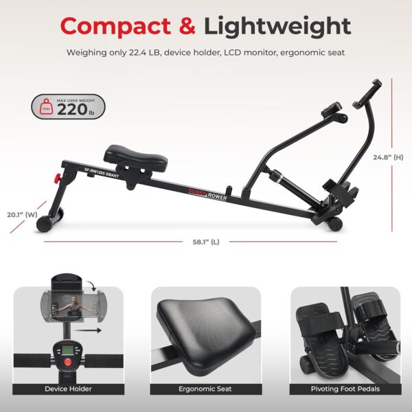 Sunny Health & Fitness Máquina de Remo Inteligente, Remo Ajustable Compacto con 12 Niveles de Resistencia de Entrenamiento Corporal Completo - SF-RW1205SMART - Image 5