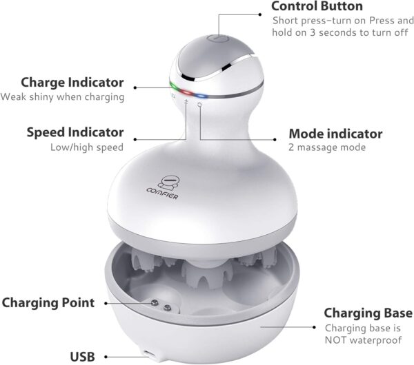 COMFIER Masajeador Inalámbrico para el Cuero Cabelludo:Rascador Eléctrico de Masaje de Cabeza con 84 Nodos de Amasamiento, para Crecimiento del Cabello y Relajación del Estrés (Blanco) - Image 7