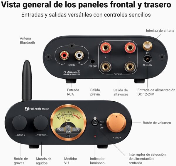 Fosi Audio MC101 Bluetooth Amplificador Estéreo Home Audio Component Mini Amp con VU Meter Receptor HiFi 2 canales para Altavoces Pasivos con Bass Treble Tone Control Vintage All Aluminum Alloy - Image 7