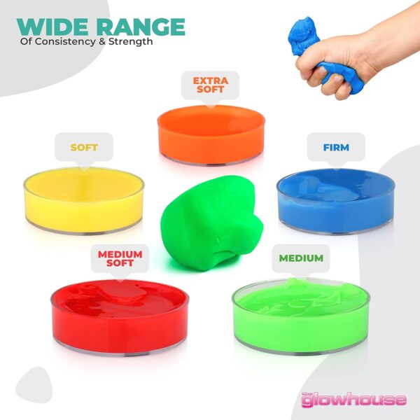 Juego de 5 masillas terapéuticas compresibles no tóxicas antiestrés de primera calidad para ejercitar las manos, 5 niveles de fuerza para adultos y niños, botes de 57 g codificados por colores - Image 2