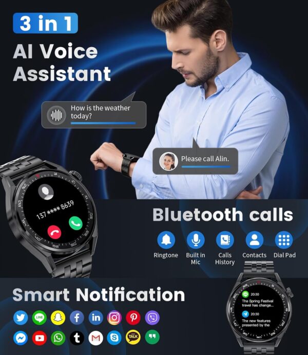 LIGE Reloj Inteligente Hombre, Smartwatch Hombre 1.39''con Llamadas y Asistente Voz, 3 Correas, 360Amh, 100+ Deportes Modo, Acero Inoxidable para Android iOS - Image 2