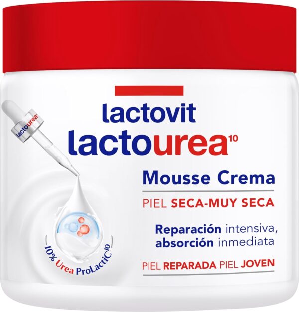 Lactovit - Mousse Crème Hidratante Lactourea para Cuerpo y Cara de 24 Horas Hidratación, para Pieles Secas y Muy Secas, Reparación Intensiva de la Piel, Absorción Inmediata y Tacto Sedoso - 400 ml