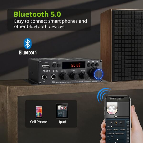 LiNKFOR Mini Amplificador de Audio AK-390 Amplificador Bluetooth Receptor Bluetooth 5.0 Altavoz Amplificador con 12V 5A Fuente de Alimentación, Controles de Graves y Agudos para Altavoces Domésticos - Image 3