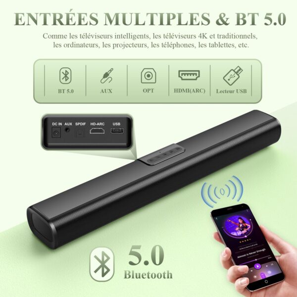 EnjoyNest - Barra de sonido para TV, barra de sonido inteligente de 61 cm, altavoz de audio doméstico, Bluetooth 50 W, con graves y sonido envolvente, barra de sonido para ordenador PC con - Image 5