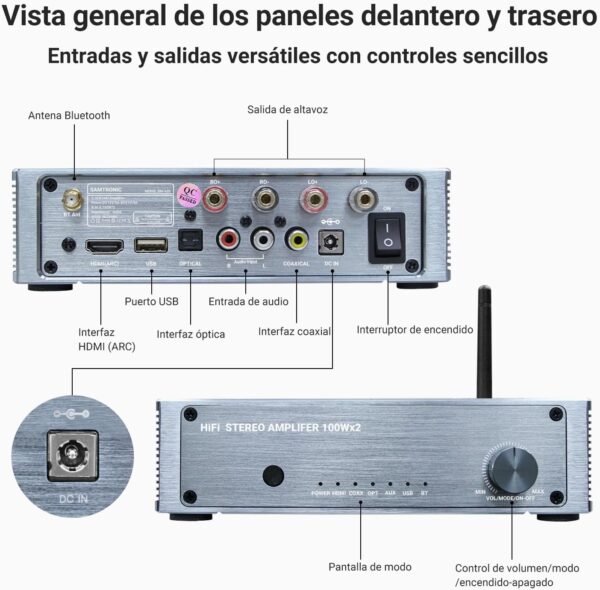 Inwa Amplificador Audio HiFi Bluetooth, 200W 2 Canales Amplificador Estéreo Mini Hi-Fi Receptor, con HDMI(ARC), Ópt, Coax, USB, RCA, para Altavoces Domésticos 100W x 2 con Control de Graves y Agudos - Image 3